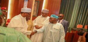 President Buhari, Obasanjo all smiles as they shake hands at Council of State meeting in Abuja